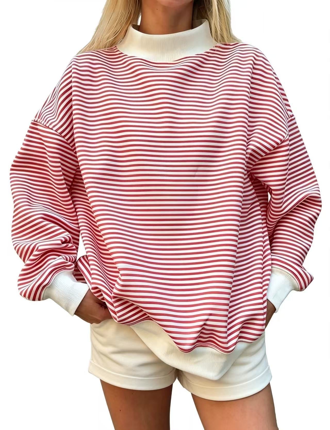 Women’s Striped Mock Neck Sweatshirt – Oversized Long Sleeve Pullover Tops for Women
