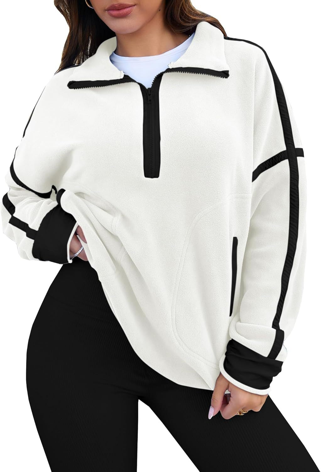 Contrast Trim Half Zip Fleece Pullover with Casual Ivory Fit