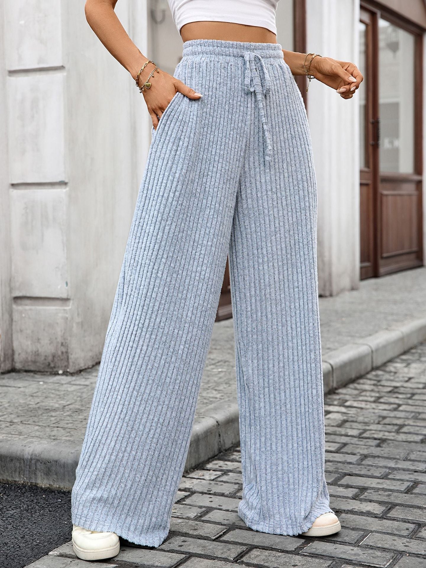 Elevated Ribbed Drawstring Wide Leg Pants