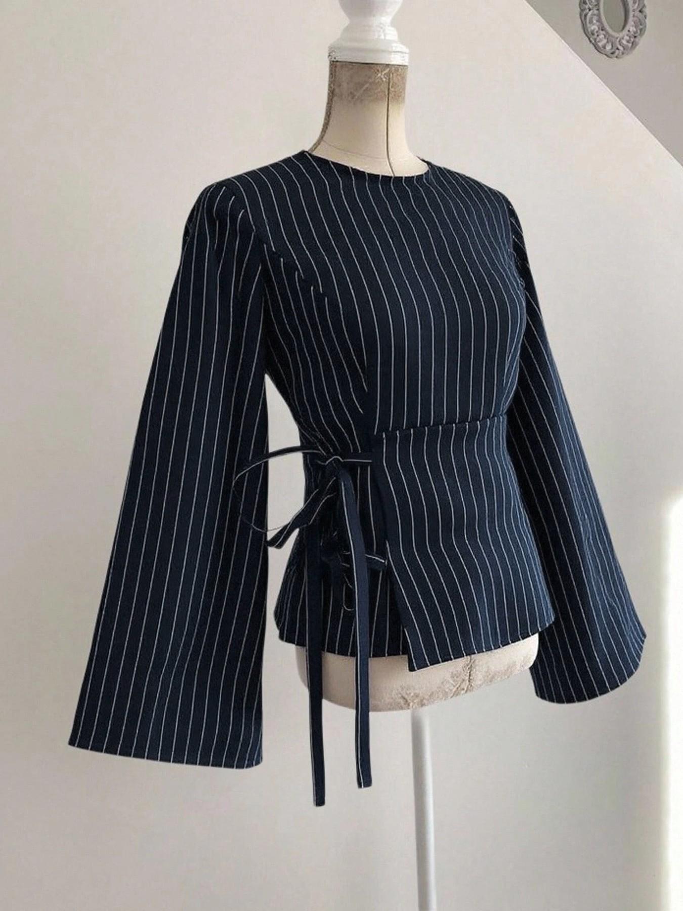Elevated Pinstripe Tie Waist Long Sleeve Blouse