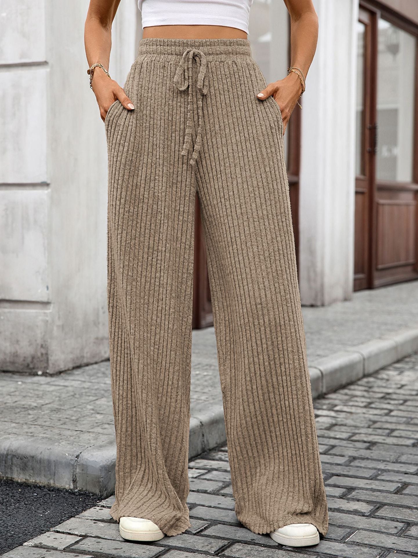 Elevated Ribbed Drawstring Wide Leg Pants
