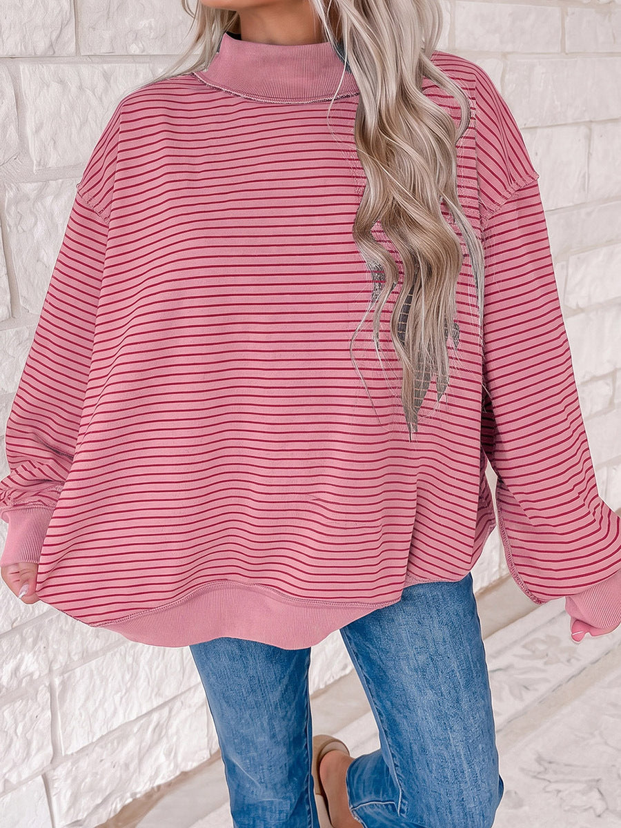 Women’s Oversized Striped Mock Neck Sweatshirt – Cotton Blend Long Sleeve Pullover, Pink, Green or Taupe