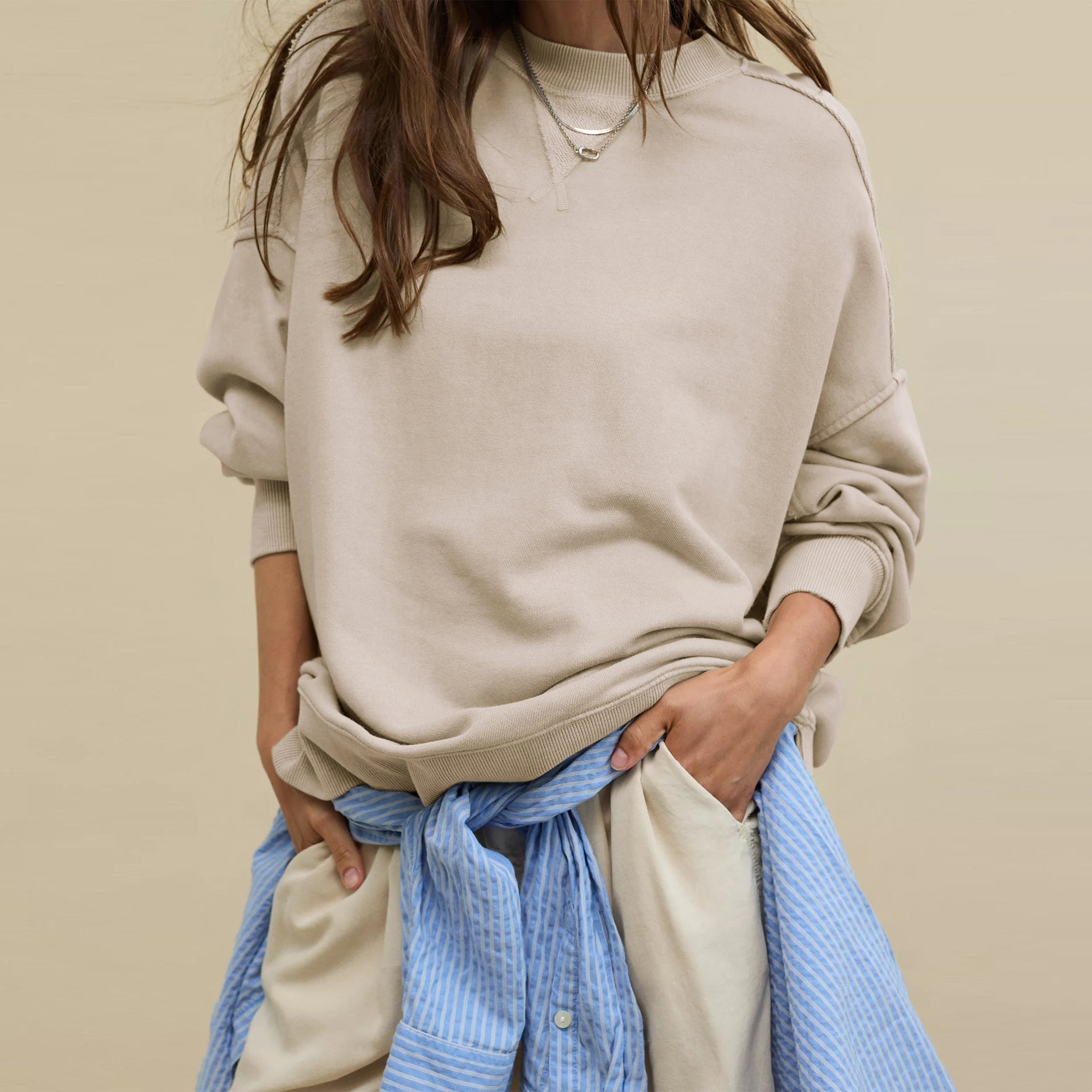 Women’s Oversized Crew Neck Sweatshirt – Exposed Seam Long Sleeve Pullover Tops for Women