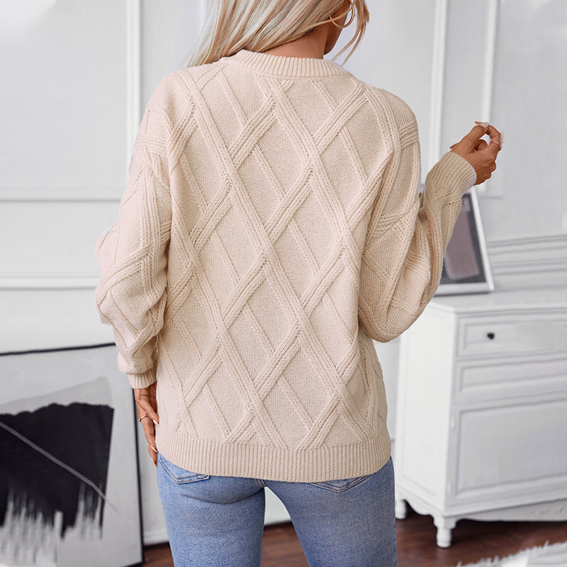 Loose Round Neck Diamond Knit Pullover Sweater