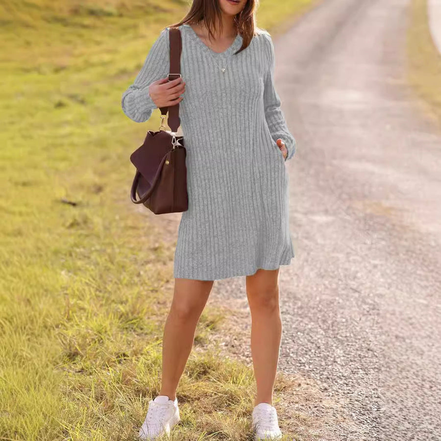 Solid Color V-Neck Long Sleeve Mid-Length Dress