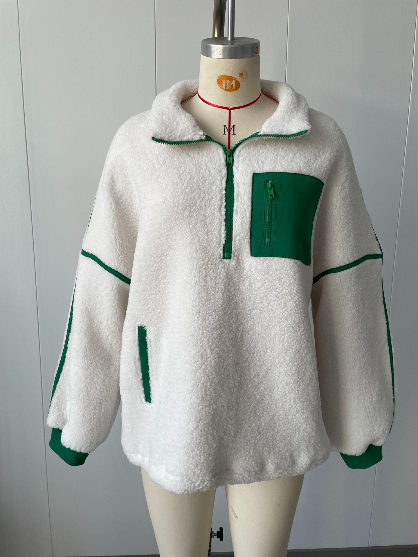 Women's Khaki Half-Zip Sherpa Pullover with Contrast Pocket