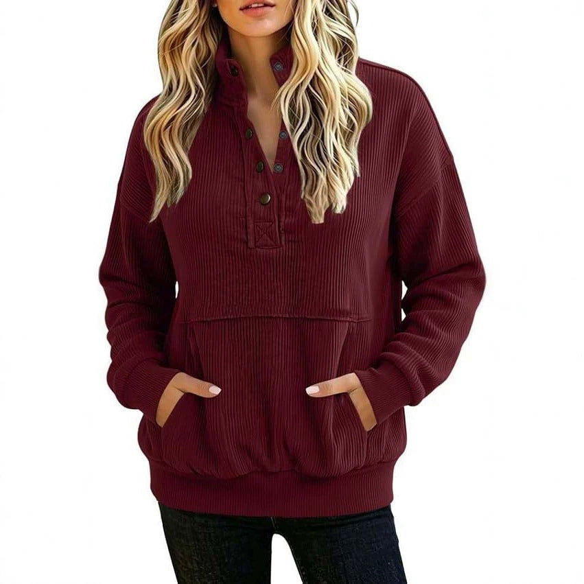 Womens Minimal Olive Ribbed Button Neck Pullover Sweatshirt