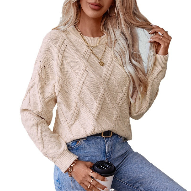 Loose Round Neck Diamond Knit Pullover Sweater