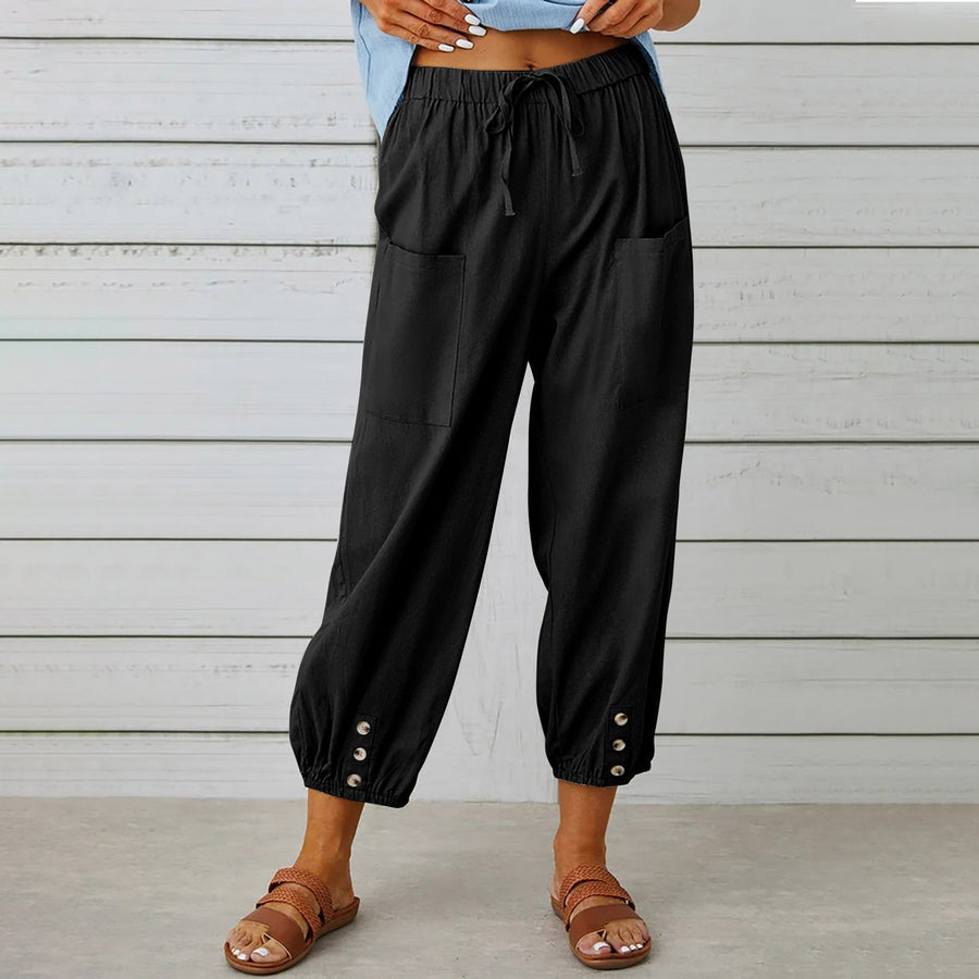 Loose High-Waist Buttoned Cotton Linen Wide-Leg Pants