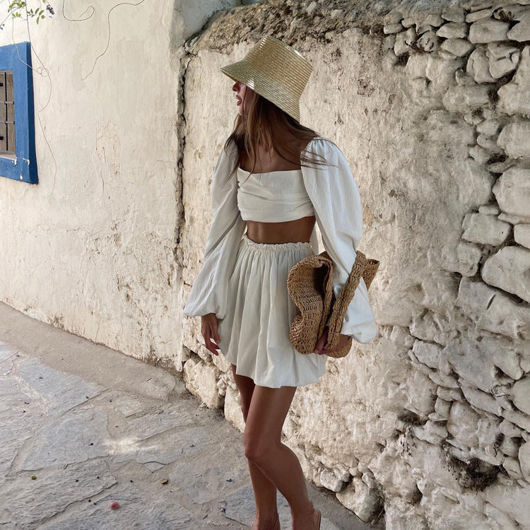 Backless Tube Top & Pleated Mini Skirt Set