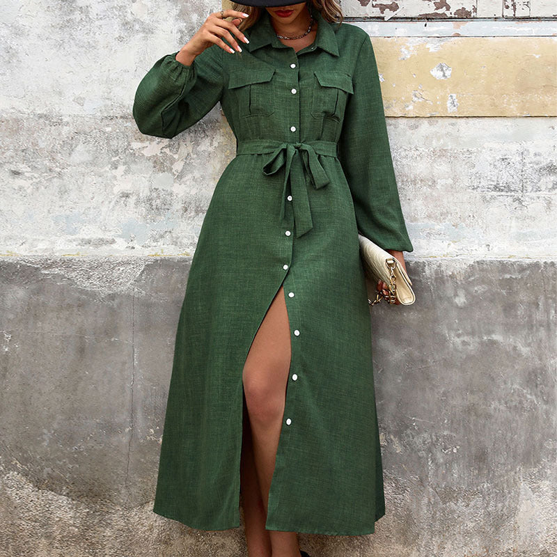 Lapel Long Sleeve Solid Color Green Dress