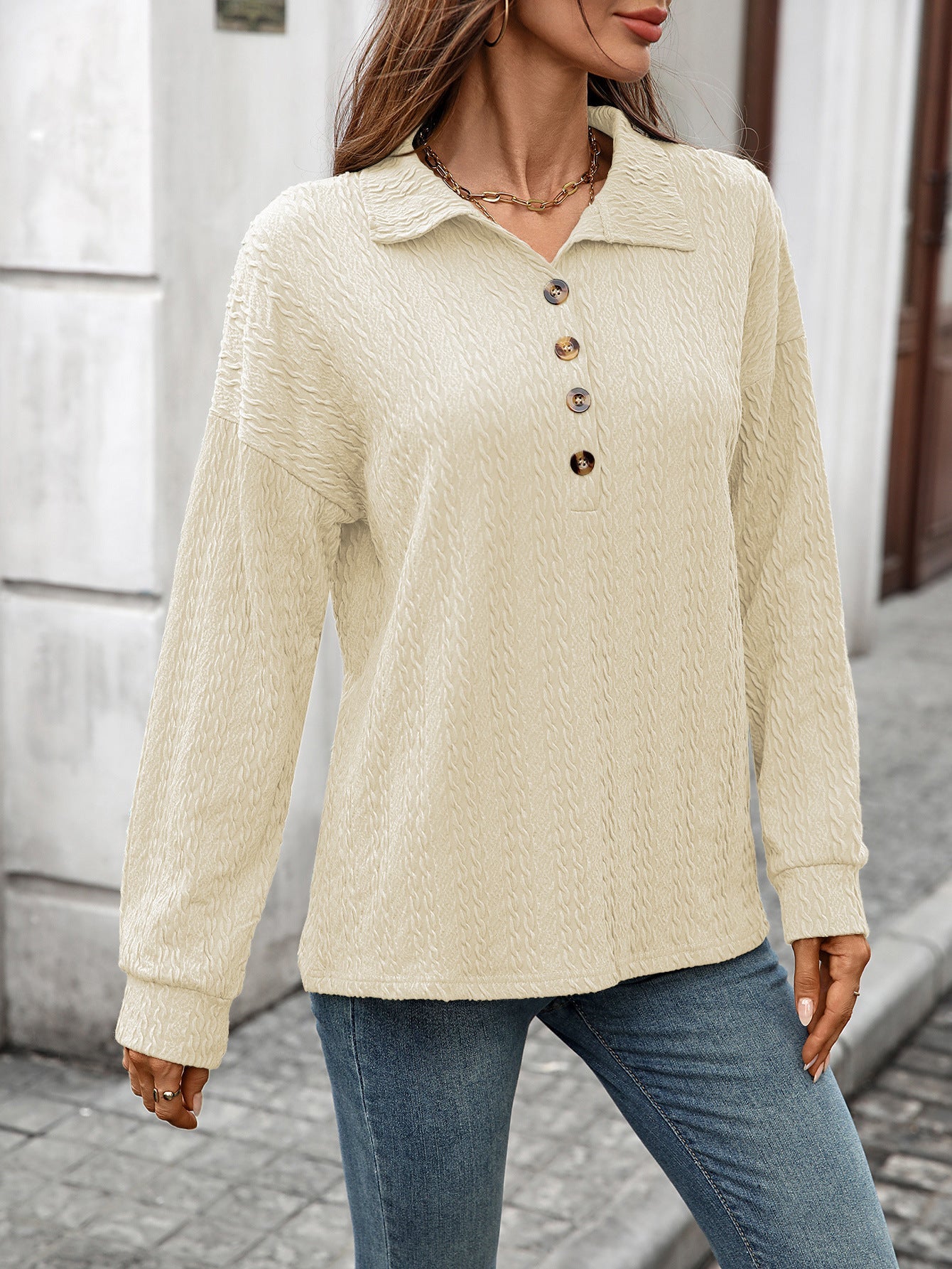 Women's Boutique Textured Button Collar Long Sleeve Knit Top