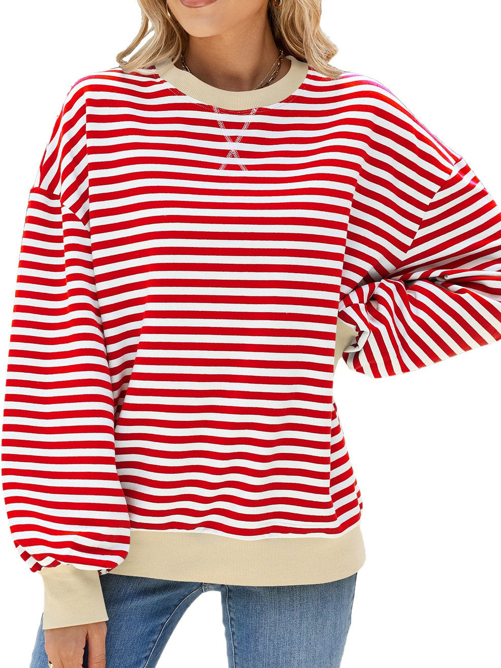 Boutique Striped Crewneck Contrast Trim Top