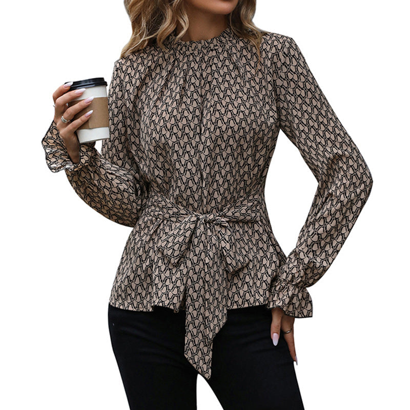Lace-Up Long Sleeve Slim Leopard Print Shirt