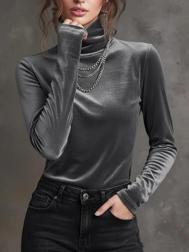 Velvet Turtleneck Long Sleeve Fitted Layering Top for Ladies