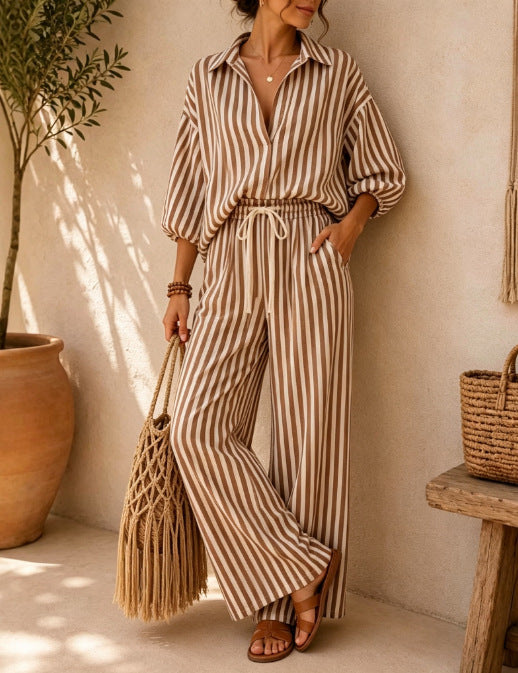 Women’s Striped Shirt and Wide Leg Pants Set