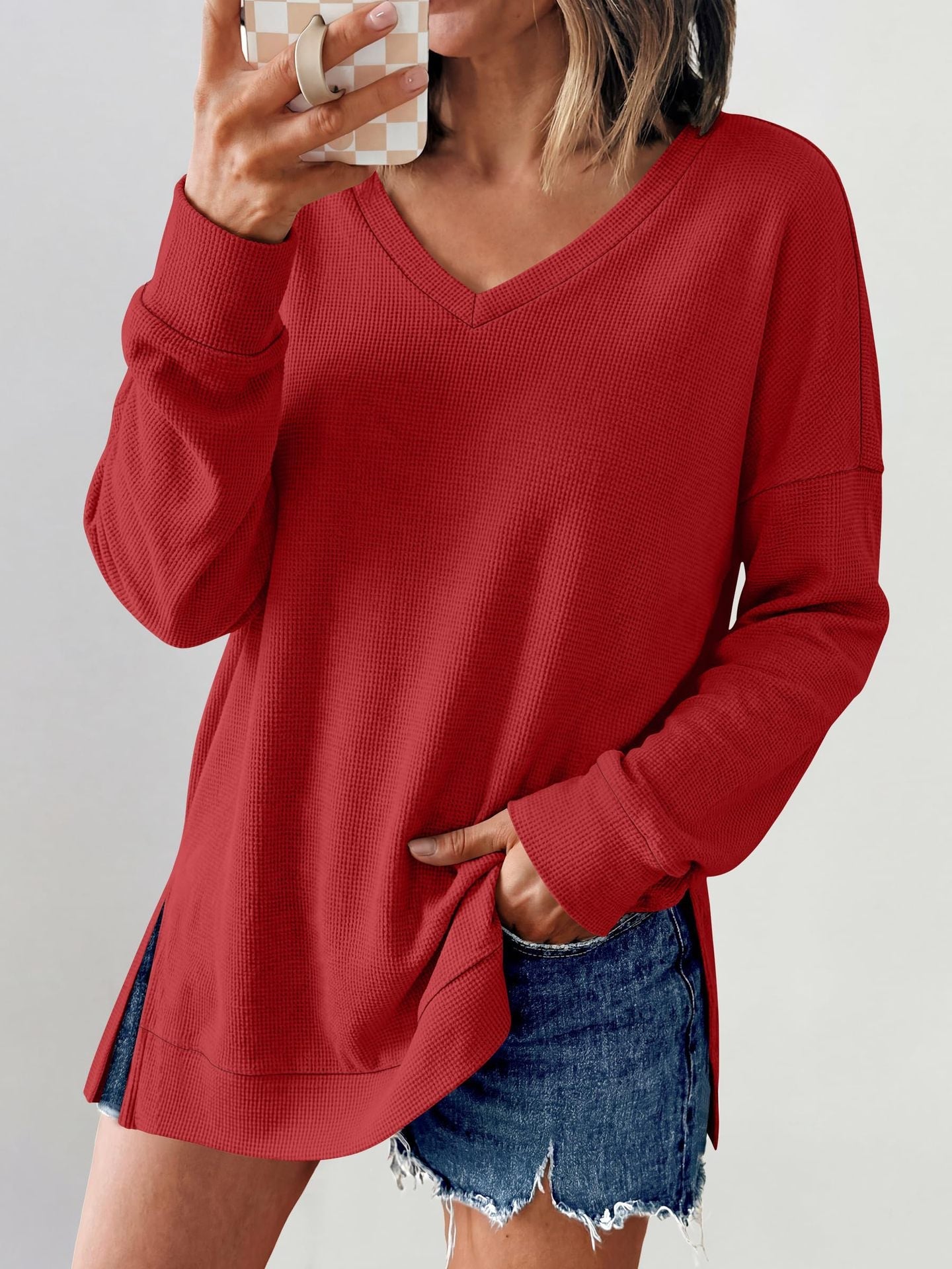 Women's V Neck Waffle Knit Long Sleeve Side Slit Tunic Top