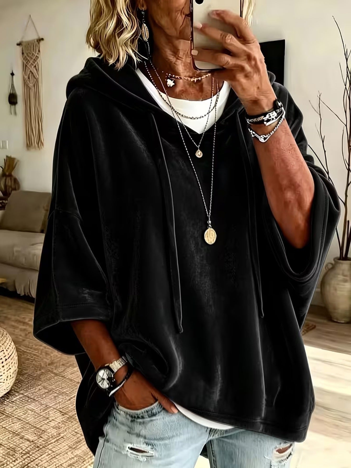 Women’s Velvet Oversized Batwing Sleeve Hoodie