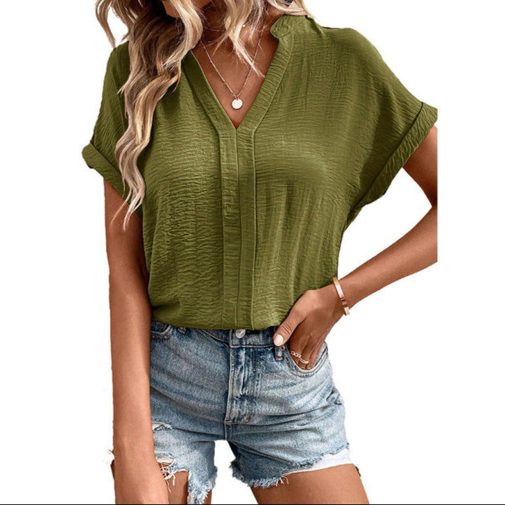 Solid Color V-Neck Pleated Short-Sleeve T-Shirt