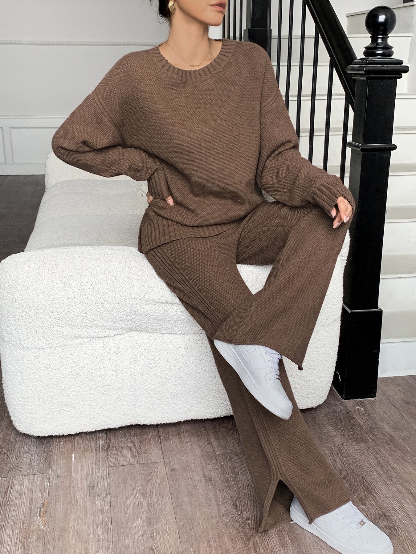 Women's Brown Knit Sweater and Drawstring Wide Leg Pants Set