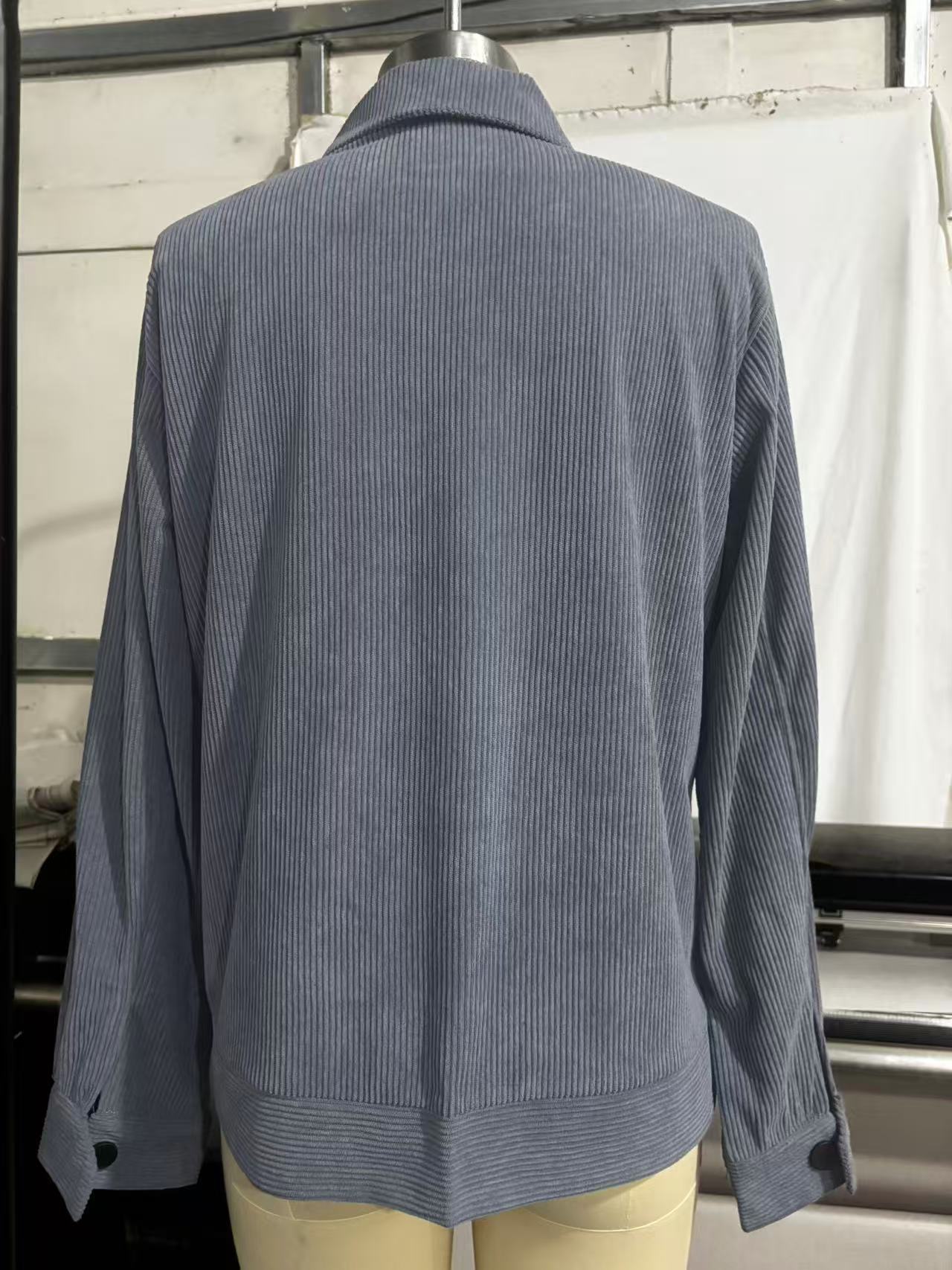 Ribbed Collared Button Front Long Sleeve Patch Pocket Jacket