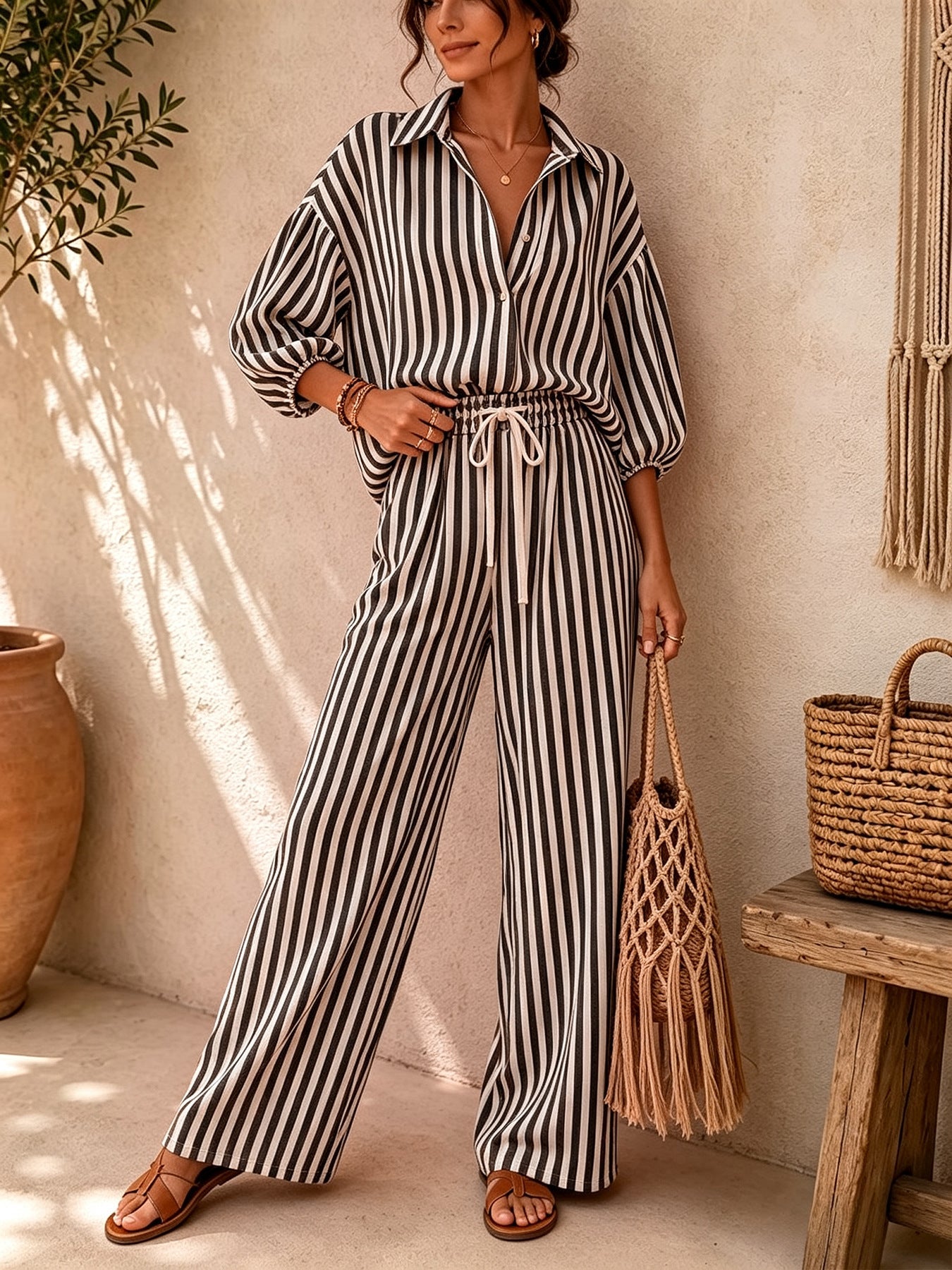 Women’s Striped Shirt and Wide Leg Pants Set