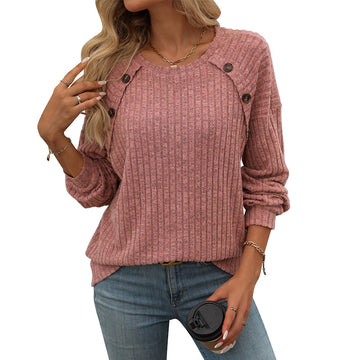 Round Neck Ribbed Solid Color Long Sleeve Top
