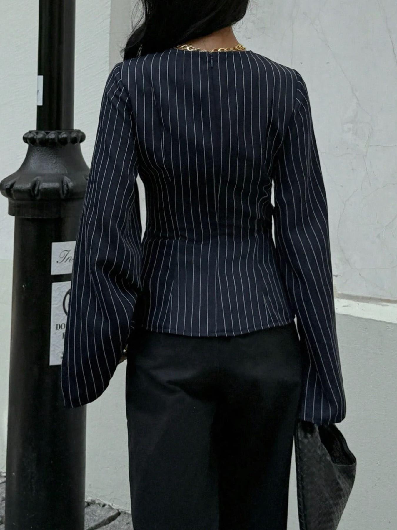 Elevated Pinstripe Tie Waist Long Sleeve Blouse