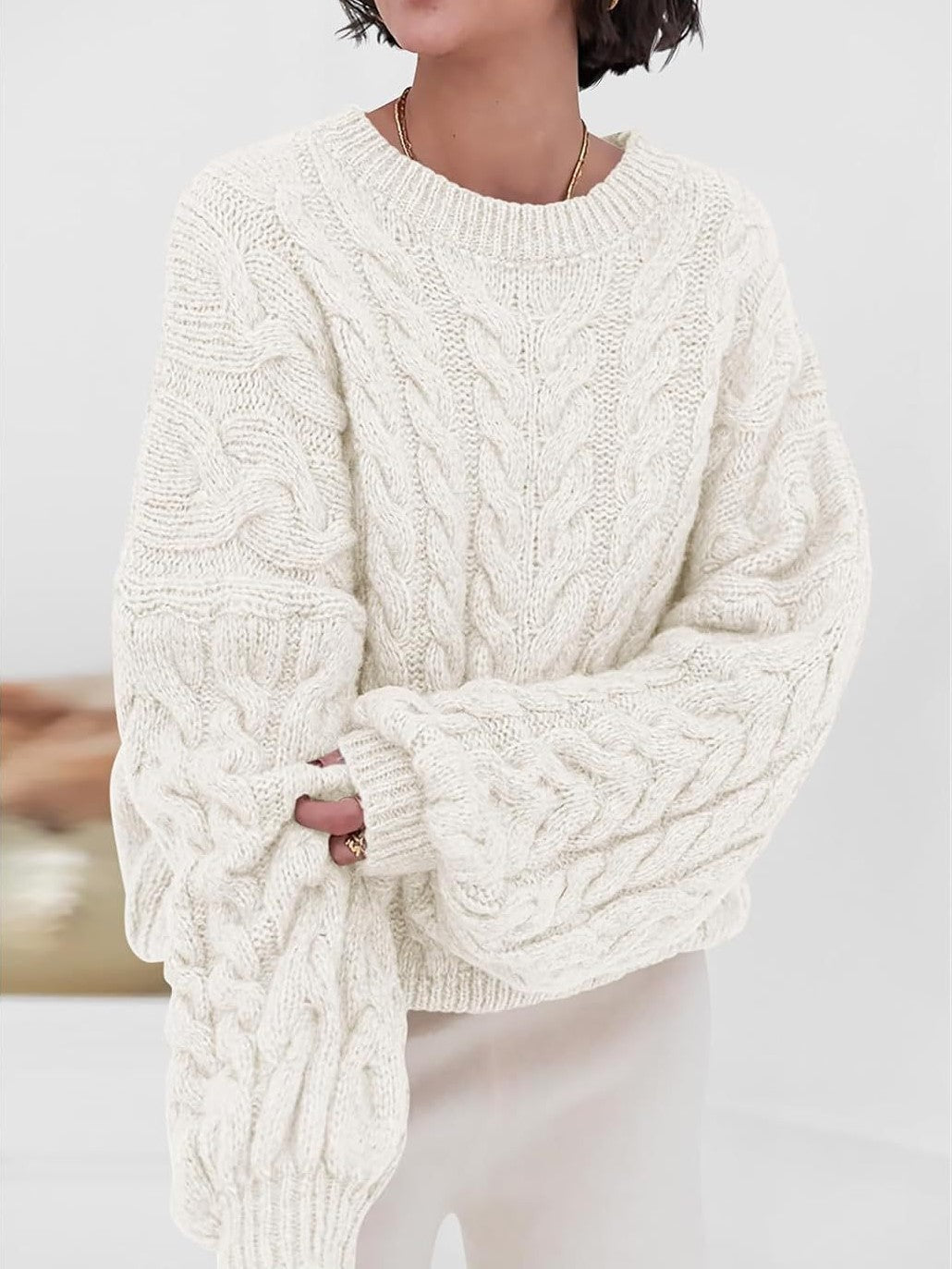 Boutique Cable Knit Crew Neck Sweater