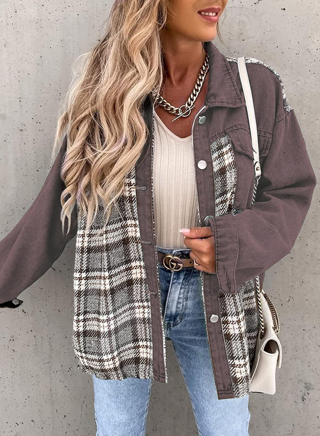 Women's Plaid Panel Button Front Long Sleeve Shirt Jacket