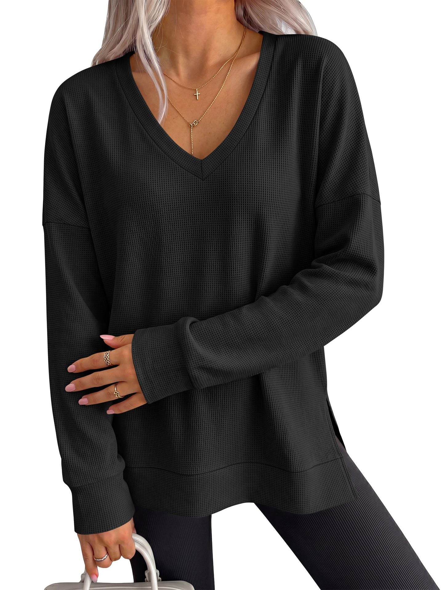 Women's V Neck Waffle Knit Long Sleeve Side Slit Tunic Top