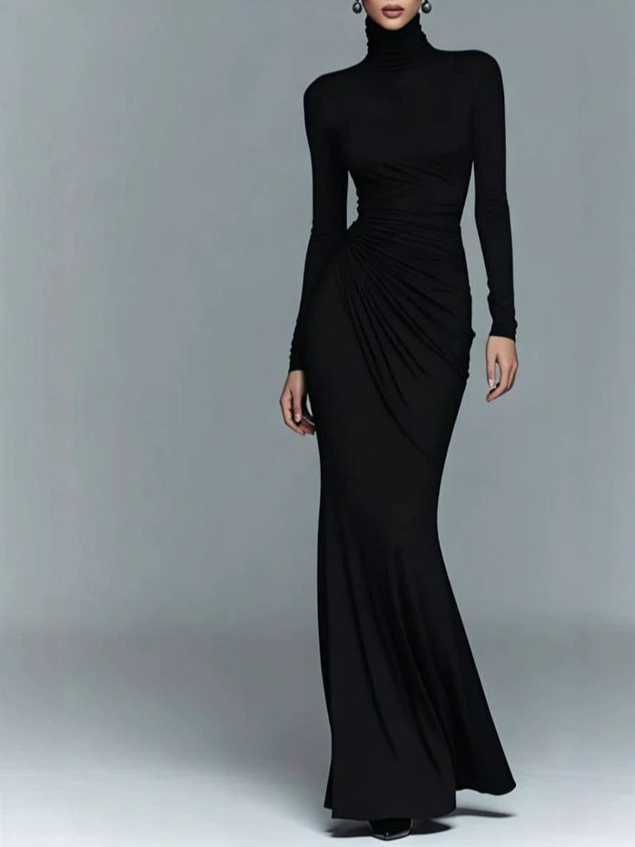 Ruched Turtleneck Long Sleeve Slim Fit Maxi Dress for Ladies