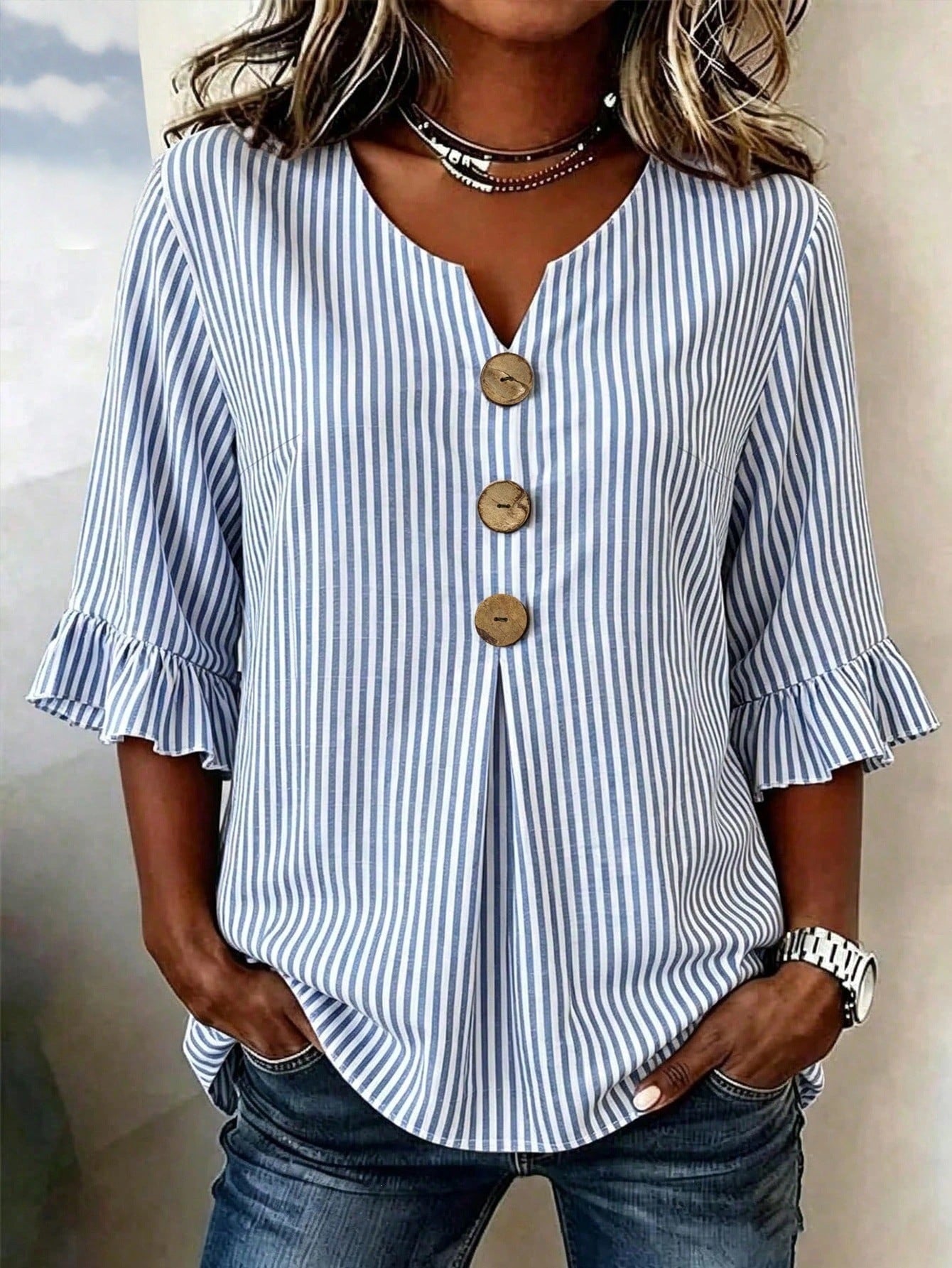 Striped Notch Neck Button Front Bell Sleeve Blouse for Women