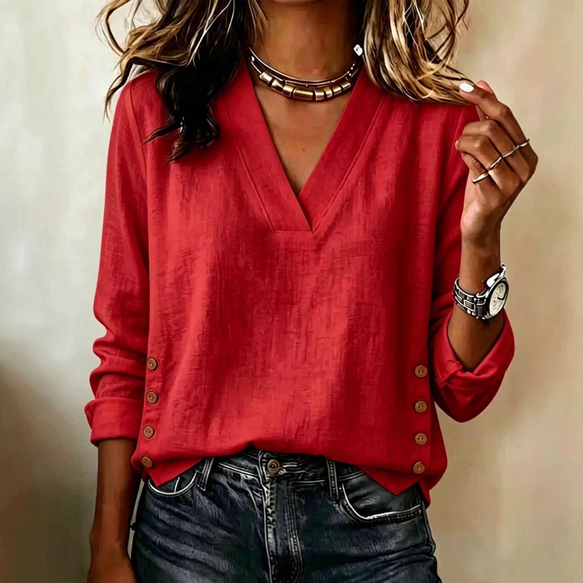 Cotton Linen V-Neck Button Side Top