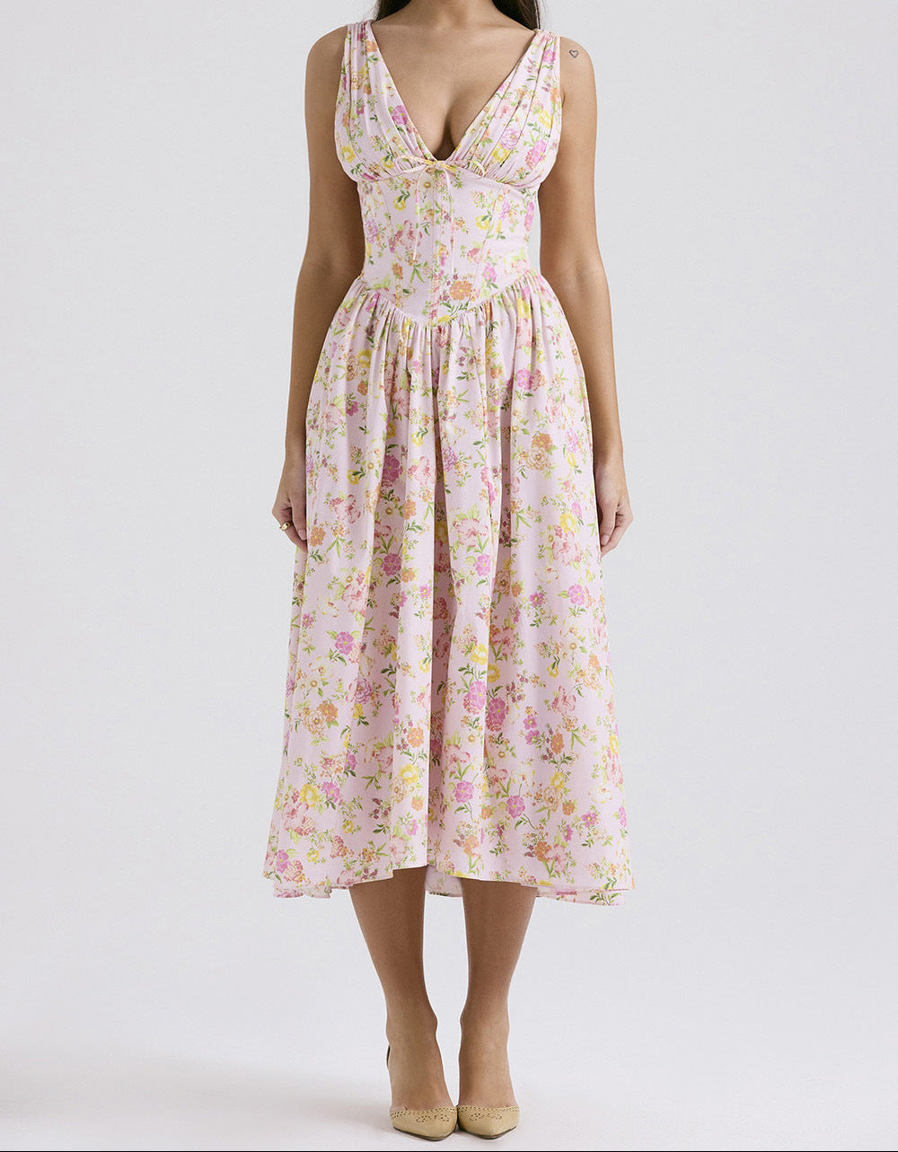 Printed V Neck Spaghetti Strap Maxi Dress