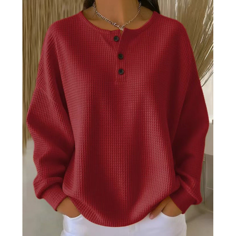 Women’s Waffle Knit Henley Long Sleeve Pullover （S–5XL）