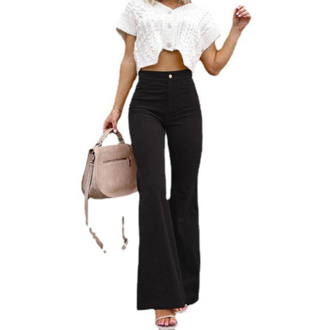 Solid Color Slim Mid-Waist Corduroy Flare Pants