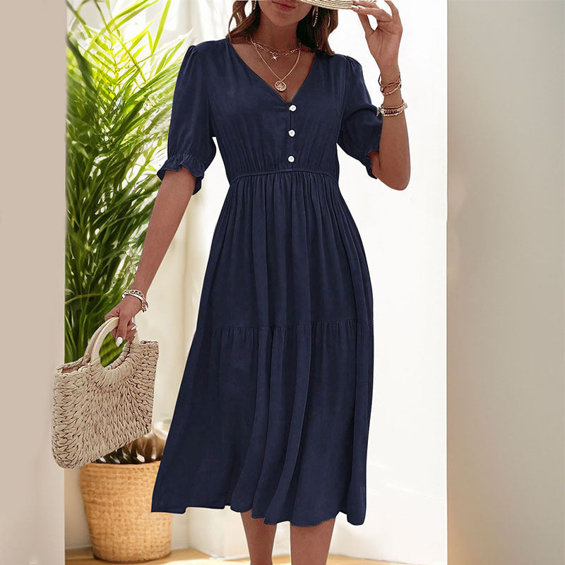 Solid Color V-Neck Waist Dress for Women