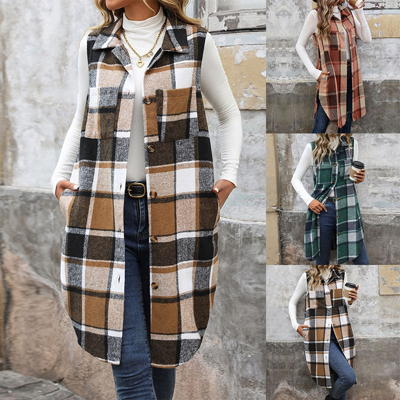 Women’s Vintage Plaid Lapel Long Vest