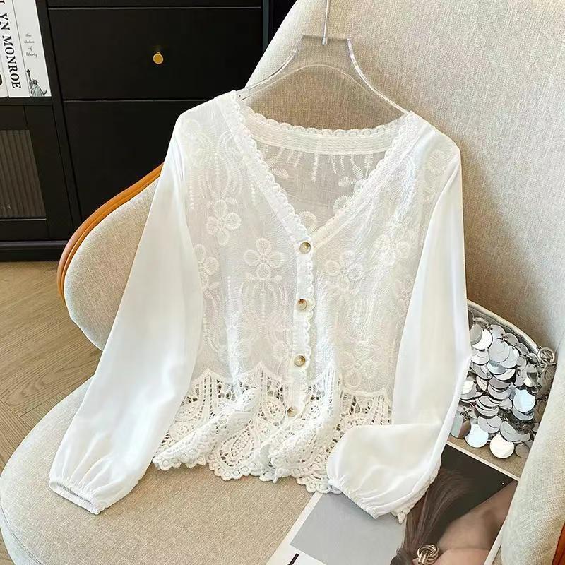 Women’s White Embroidered Lace Long Sleeve Blouse