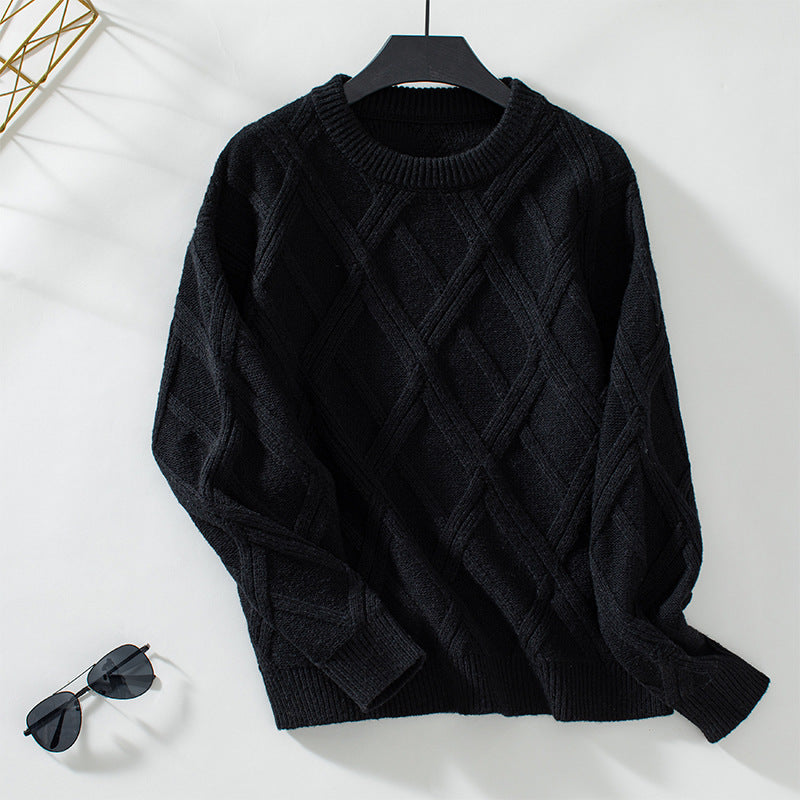 Loose Round Neck Diamond Knit Pullover Sweater