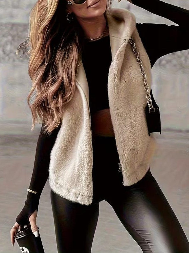 Minimalist Ecru Faux Fur Vest Sleeveless Open Front Layering