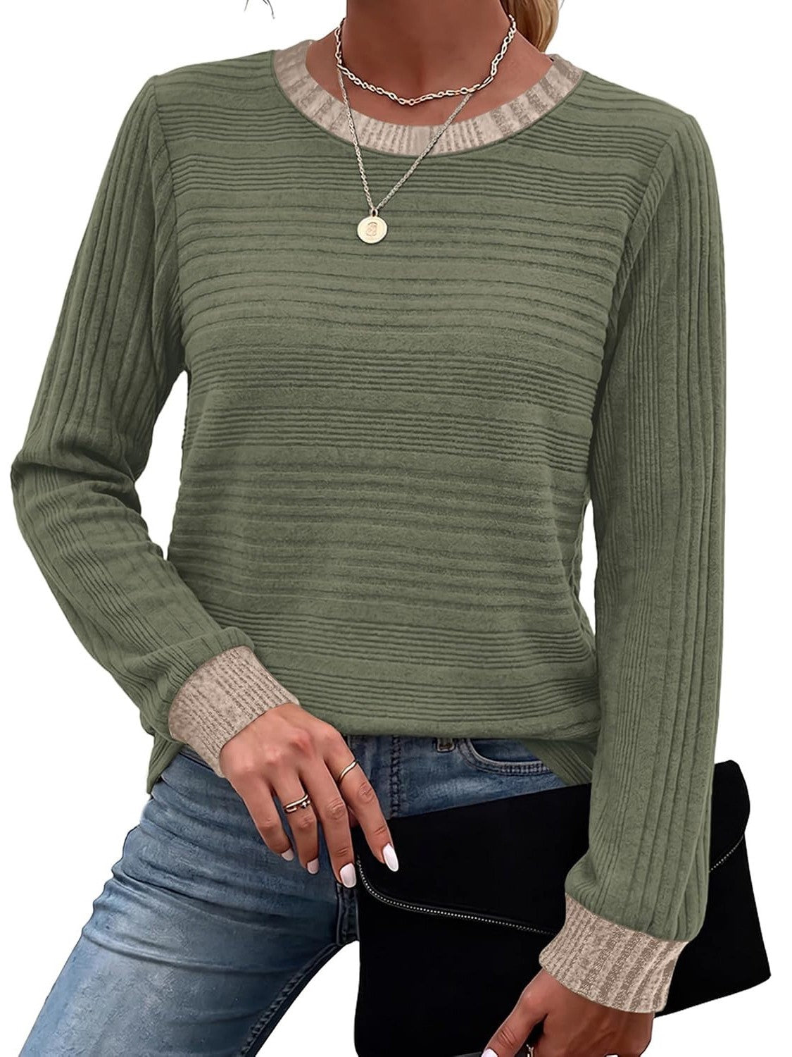 Women's Textured Crew Neck Sweater with Contrast Trim