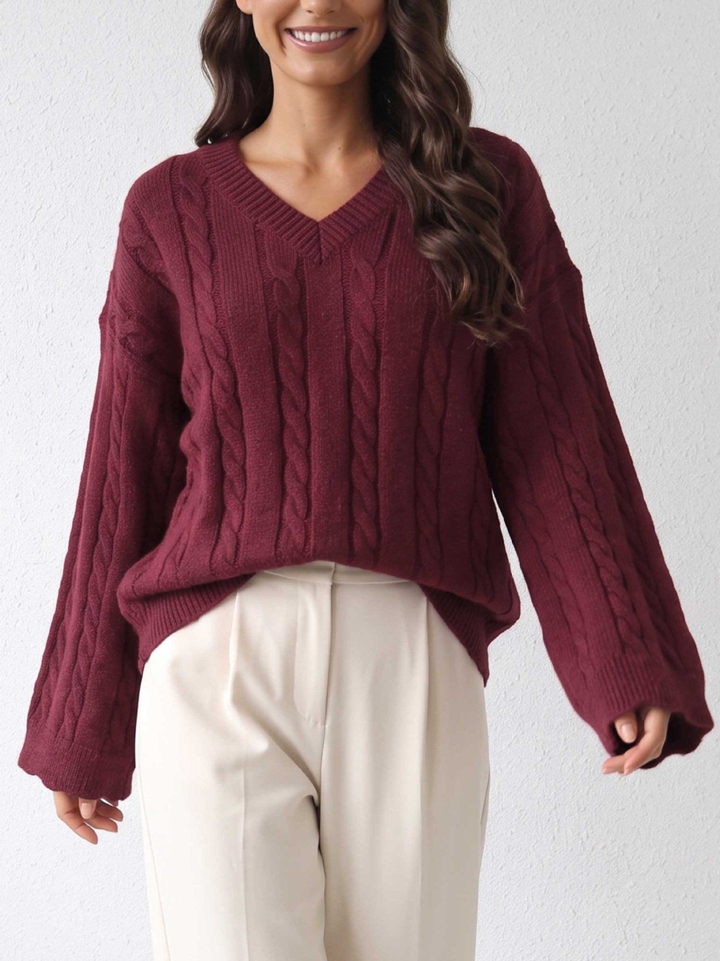 Women's V-Neck Cable Knit Sweater, Burgundy Relaxed Fit Pullover with Long Wide Sleeves