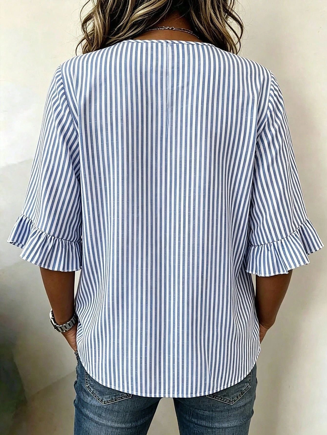 Striped Notch Neck Button Front Bell Sleeve Blouse for Women