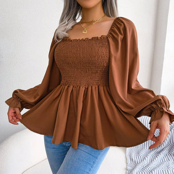 Square Neck Long Sleeve Chiffon Blouse for Women