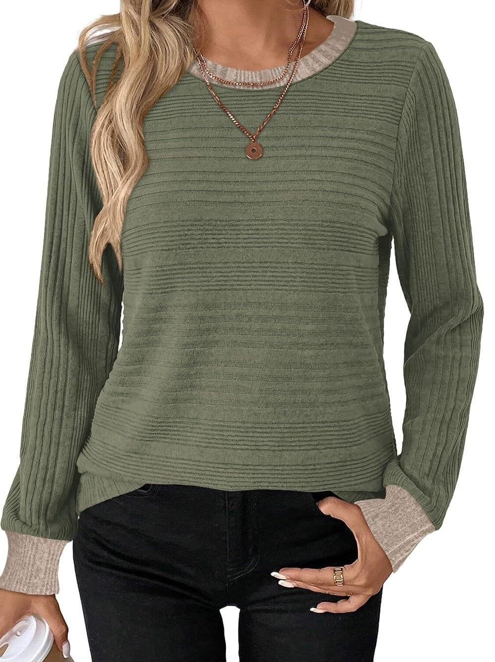 Women's Textured Crew Neck Sweater with Contrast Trim