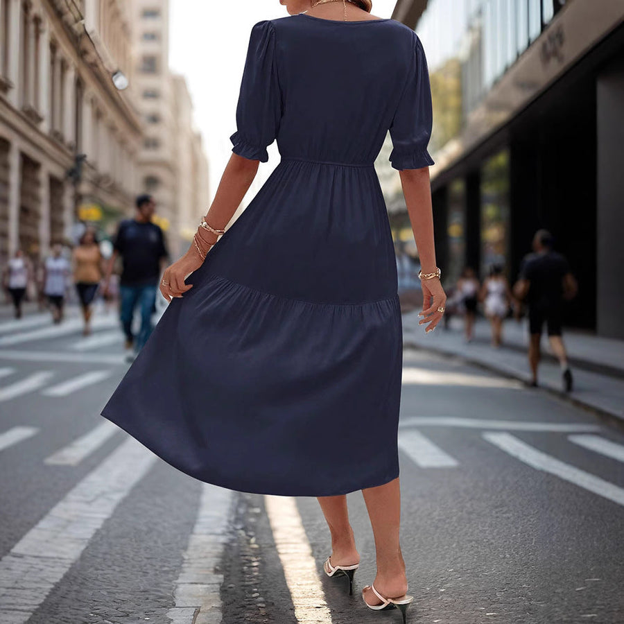 Solid Color V-Neck Waist Dress for Women