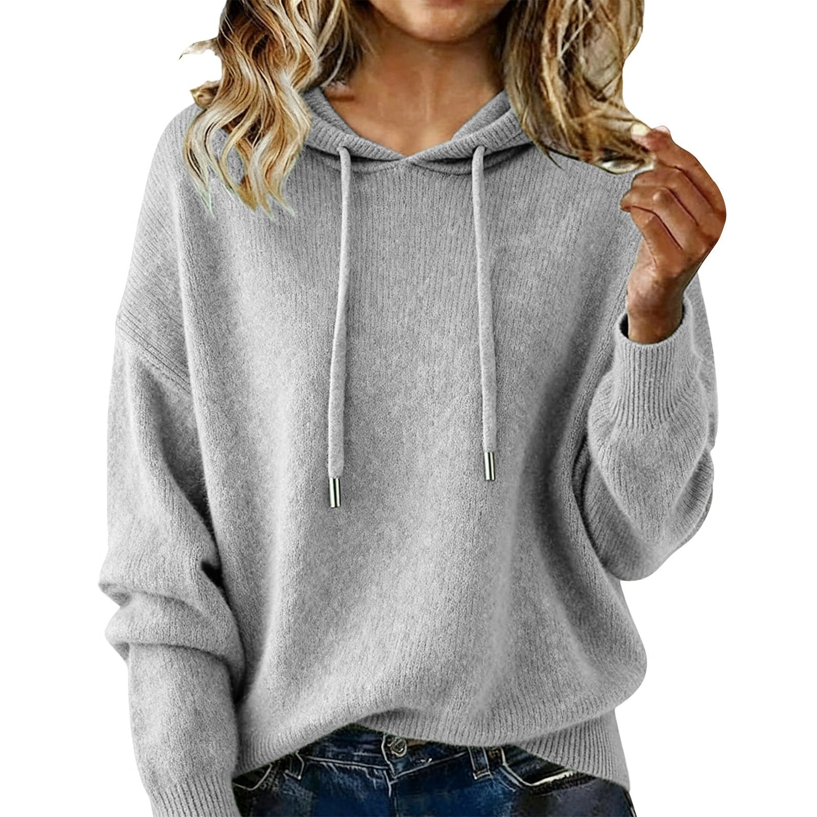 Relaxed Knit Hooded Sweater with Drawstring and Ribbed Trims