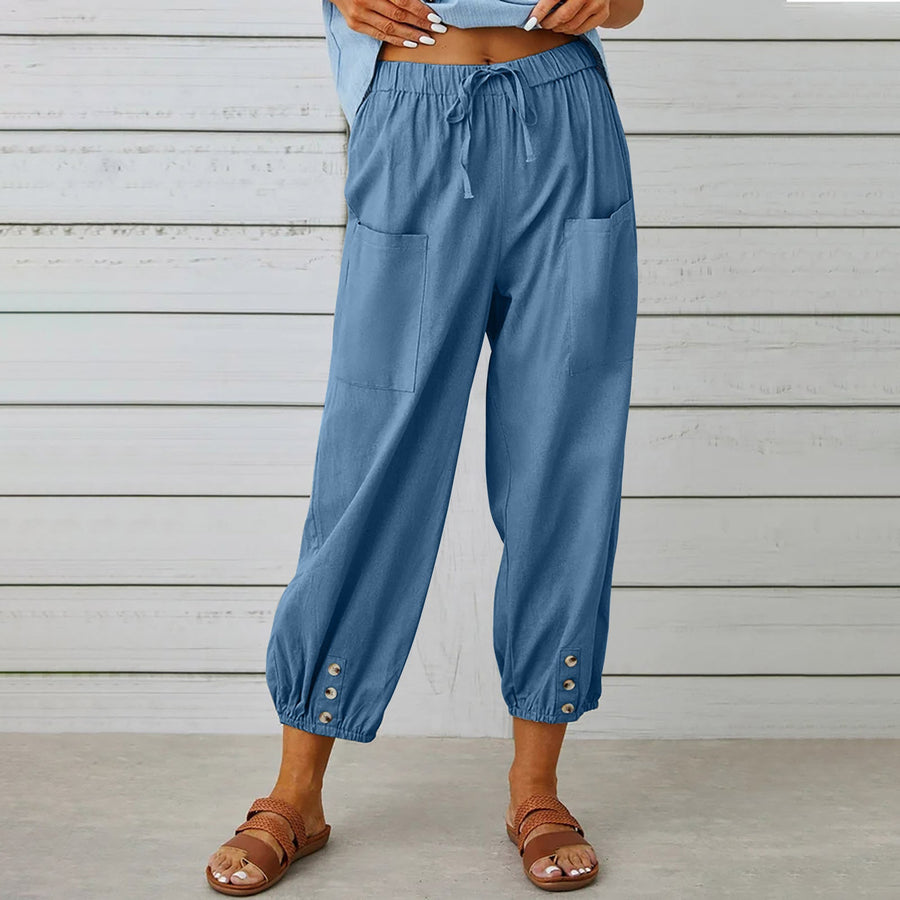 Loose High-Waist Buttoned Cotton Linen Wide-Leg Pants